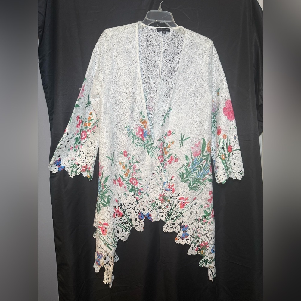 Lauren Hanson Floral Open Cardigan S/M White Cutout Asymmetrical NWOT Easter